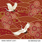 Two cranes and chrysanthemums Japanese traditional wave pattern