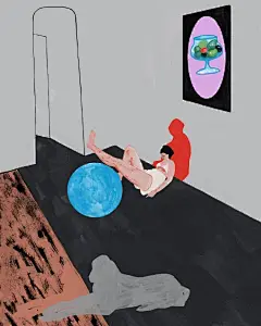 #云朵分享#早~插画作品来自 dror cohen。

这组作品中的每一张都有一个平涂的底色，它占据了画面的大部分空间，虽然看似在为主体人物做辅助，其实它决定了画面的主色调和整体的氛围，它可以是墙面可以是地板，也可以是延伸往远方的树林或者更远的空间，这块底色不仅要和谐的衬托其他色彩，还能将所有色 ​​​​...展开全文c