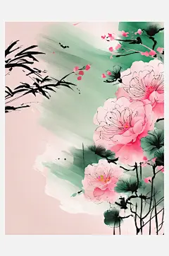 粉绿风景水墨画AI数字艺术-众图网