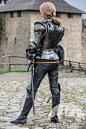 Female armor kit made of blackened spring steel “Dark Star” : First spring steel armour by ArmStreet – ladies armour kit containing shaped and maneuverable cuirass, arms with integrated pauldrons, and cuisses.