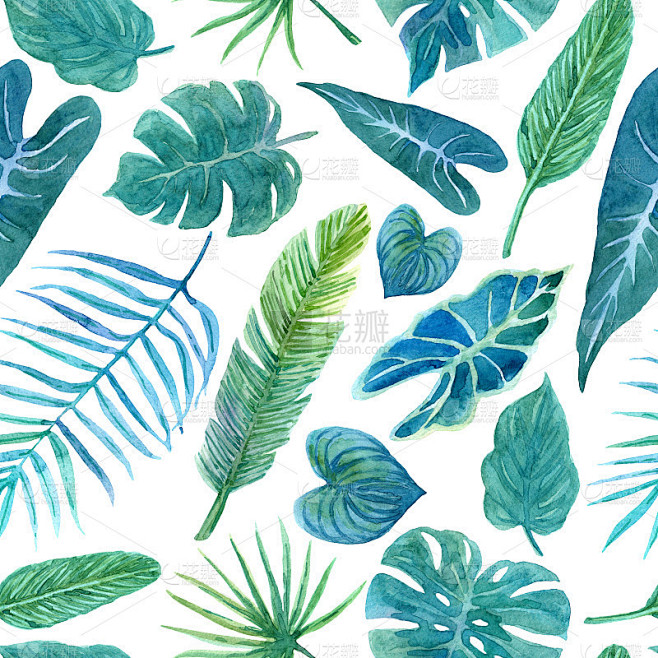 无缝的图案与繁茂的热带植物绿叶。手画背景