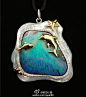 欧泊心路刚收到的台湾资深艺术珠宝设计师杨张树枢先生设计并亲手制作的欧泊吊坠＂海洋世界＂~