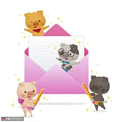 信纸铅笔 粉红信封 淘气小猪 2019萌猪插图插画AI07 节日节气 春节