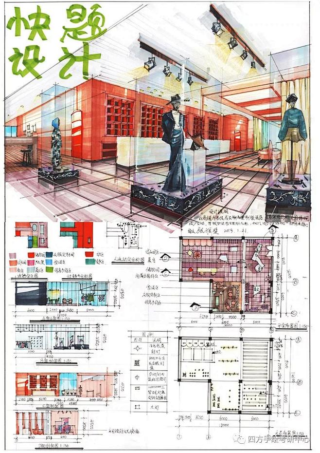四方手绘环艺室内设计快题学员作品