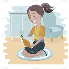 矢量插图可爱的女孩读一本书在黄色的背景