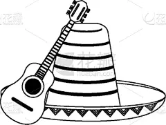 声学吉他,宽边帽,黑白图片,白色,旅途,国内著名景点,传统,拉丁文,图像,墨西哥