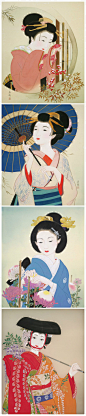 日本现代著名的插画师佃喜翔 Kisho Tsukuda，和服姬，童女画，复古，和风。