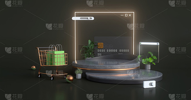 购物车和平台的3d渲染。