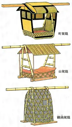 【駕籠】在日本江户时期比较流行的一种出行工具，跟“輿”不同(輿的轿厢在扛柱的上方)，駕籠的轿厢悬挂于下方，里边的人是半卧的。有钱有势的人做的也是相当豪华的，比如大名駕籠，庶民用的駕籠就简单多了。形状比较特殊的，比如鶤鶏(唐丸)駕籠，过去是押送犯人的，也叫囚人駕籠。