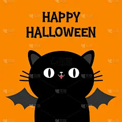 万圣节快乐。黑猫小猫头脸。蝙蝠翼。骨头文本字体。骨信类型。可爱的卡通人物。宠物宝宝收藏。贺卡。平面设