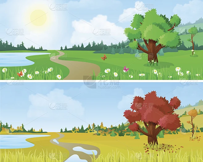 树上风景秀丽的湖滨路四季:春、夏、秋。植物自然草背景四季变换集合。素材-花瓣网