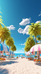 Summer, sunny beach, coconut trees, umbrellas, colorful, blue sky and white clouds, no people, 3D rendering