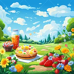绿草如茵的野餐场景，甜甜圈、果汁盒、三明治和一瓶水，蓝天上有