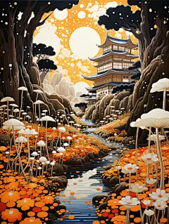 富有想象力的奇幻风景插画海报金黄色蘑菇