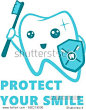 Flat Cute Tooth Character flossing, brushing, rinsing, caries protection vector illustration set. Dental health care concept.