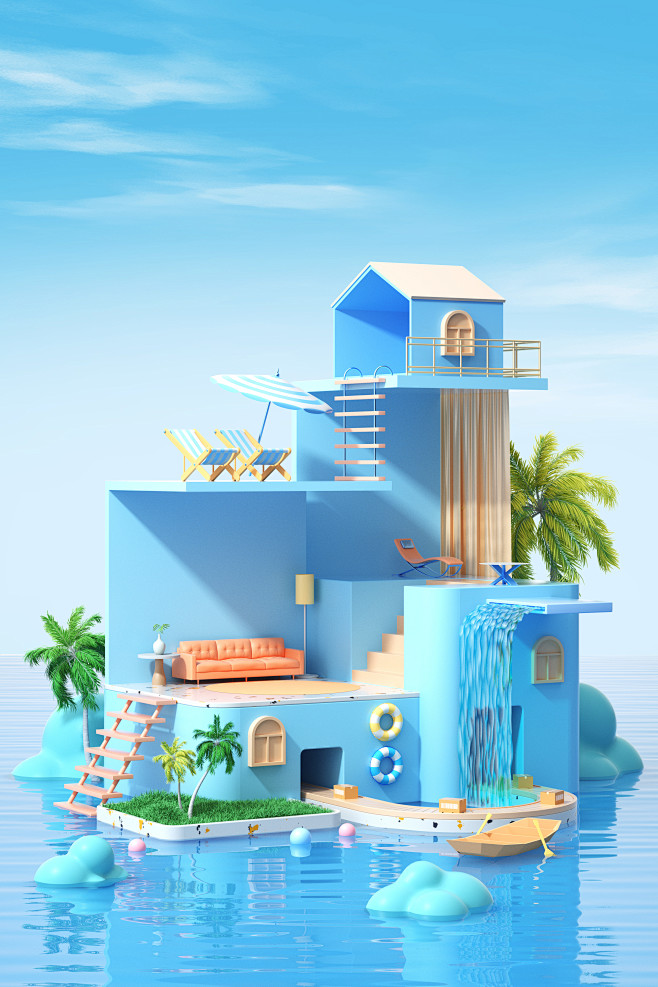 潮国创意_3D夏天夏季家居水面展台场景编...