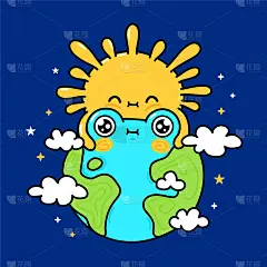可爱有趣的太阳在宇宙空间拥抱地球。矢量手绘卡通卡哇伊人物插图图标。太阳和地球吉祥物的概念