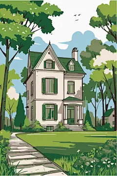卡通手绘别墅插画