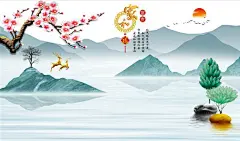 亮十866-新中式意境禅意抽象山水家和富贵梅花