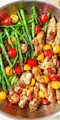 One-Pan Pesto Chicken and Veggies a?? sun-dried tomatoes, asparagus, cherry tomatoes. Healthy, gluten free, Mediterranean diet recipe with basil pesto.: 