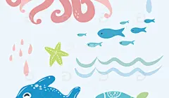 手绘章鱼小鱼贝壳海星海水海洋生物扁平插画高清模板免费下载-趣麦麦图