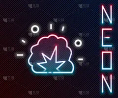 发光的霓虹线炸弹爆炸与碎片和火球图标孤立在黑色背景。色彩斑斓的轮廓的概念。向量