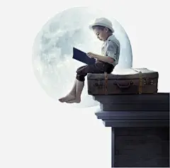 外国小朋友_新图网 https://ixintu.com 卡通人物 人物 插画 创意人物 书本 月亮