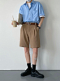SF/夏新韩风复古垂感短袖衬衫男士宽松版时髦纯色休闲五分袖衬衣-淘宝网
