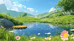 创意唯美清新自然风景花草树木河流春天草地草坪空境农场牧场的插画