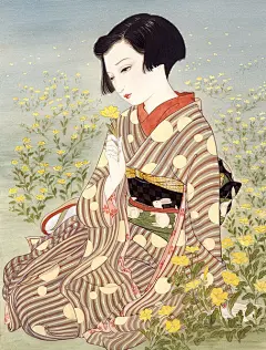 佃喜翔 插画古风作品 擅长绢本着色日本画技画法，描绘细腻抒情的柔美女性 复古和服女人