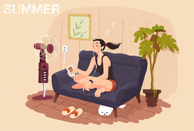 夏了夏天夏天 块面插画 风扇 室内 沙发