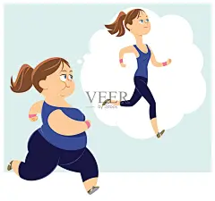 年轻女子慢跑，胖女孩梦想成为一个瘦女孩插画图片素材