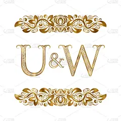 U和W复古的首字母符号。字母周围有装饰元素。皇室风格的婚礼或商业伙伴的字母组合。