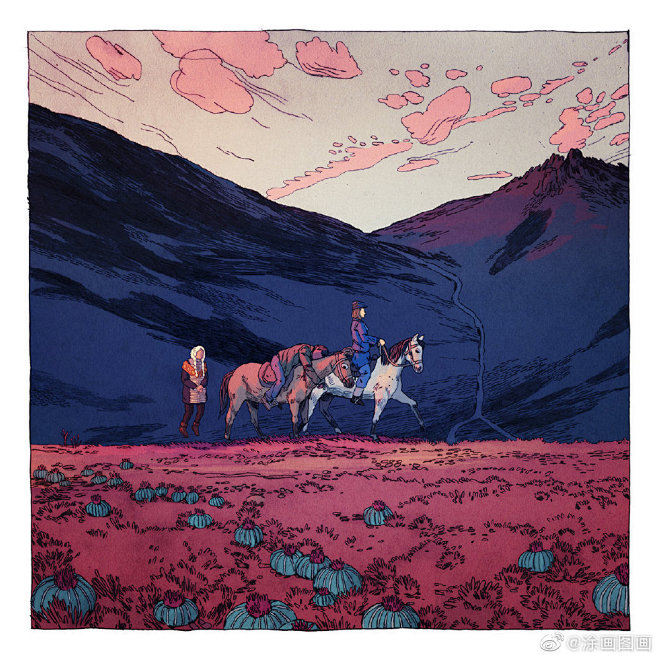 粉红色的云和草地。插画师 Jon Jua...