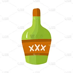 矢量插图与一瓶朗姆酒。绿色卡通瓶与朗姆酒在平坦的风格。一款关于海盗、西部或西部冒险的游戏。给真男人的