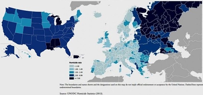 美国与欧洲各国的杀人案发生率（颜色越深，...