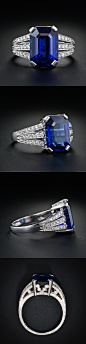 36116:5.10 Carat Emerald-Cut Sapphire and Diamond Ring，5.10克拉皇 - 图喜欢 image.cn@北坤人素材