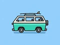 冲浪和草坪车平面插画线简单冲浪冲浪板草坪面包车复古