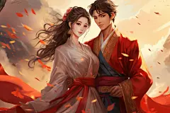 漫画风中国风汉服情侣七夕牛郎织女插画图片