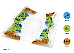 MVRDV - 天津滨海图书馆 : 图书馆围绕着一个镜面球形报告厅展开，报告厅与中央天井一起，构成了一只“眼”，可以直观室内空间全景，并反射出楼前公园的美景。阶田式的书架贯穿中央天井，与球体呼应；它将使用者一路带入图书馆中心，然后围绕建筑形成外墙的遮光栅格。