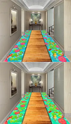 原创新中式鱼循环荷花走廊地毯卷材循环图案设计