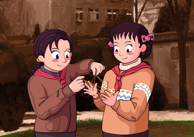 原创80后八零后元素插画漫画翻花绳