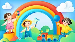 儿童节天空云彩虹桥积男孩女孩创意矢量插画下载