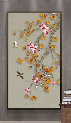 新中式手绘工笔花鸟银杏树玄关背景墙装饰画