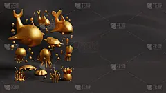 世界海洋日登陆页面模板与海洋生物3D渲染在金色和黑色的背景