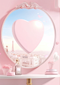 paris wall mirror light pink ring with a mirror shaped like a heart, in the style of captivating harbor views, tomàs barceló, windows vista, nicoletta ceccoli, y2k aesthetic, cheerful colors, selective focus