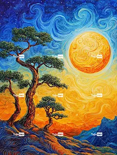 中国传统图案，大月亮、漩涡云和星空，浓郁的蓝调和充满活力的橙