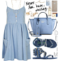 @polyvore #denimondenim 

#topshop denim babydoll dress and hair pins; #blowfish denim sandals; #gucci small crossbody bag; #marcobicego siviglia yellow gold long necklace; #michaelkors #mk rose gold long necklace; #rings; #chanel no5 perfume; #fendi leat