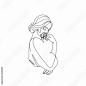 Line Art Woman With Flowers. Head Of Flowers Line drawing. Flower Woman Vector.   Minimal Abstract portrait female