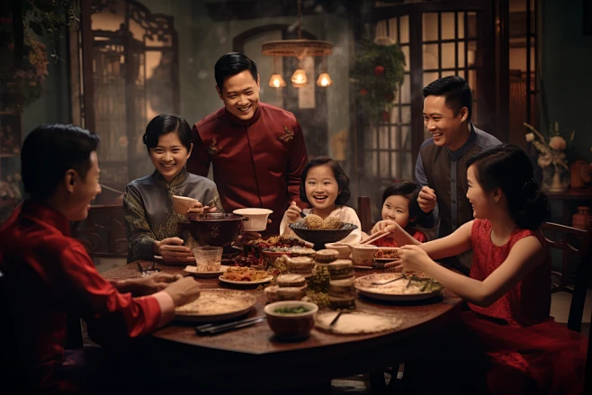 幸福团聚新年年夜饭阖家团圆摄影图-花瓣网